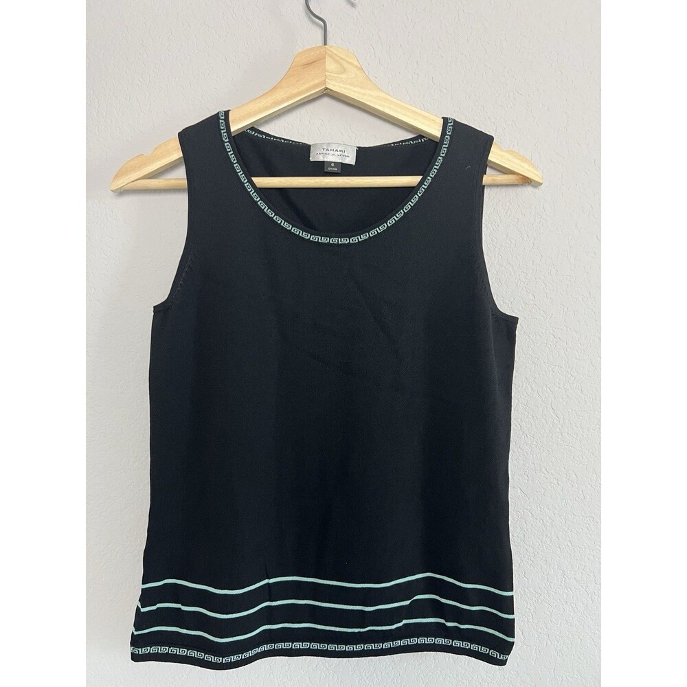 Tahari Arthur S Levine Womens Size 6 Black Knit Tank Top Sleeveless Mint Trim